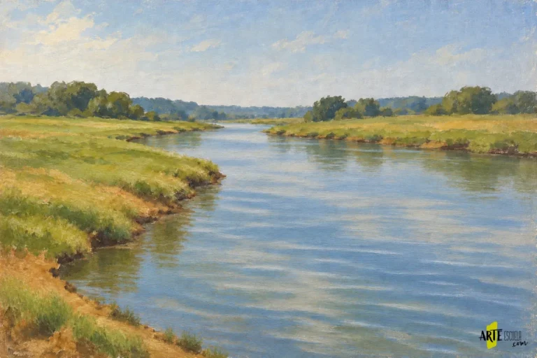 Río terminado al óleo con corriente suave, reflejos de orilla y luces cortas sobre el agua