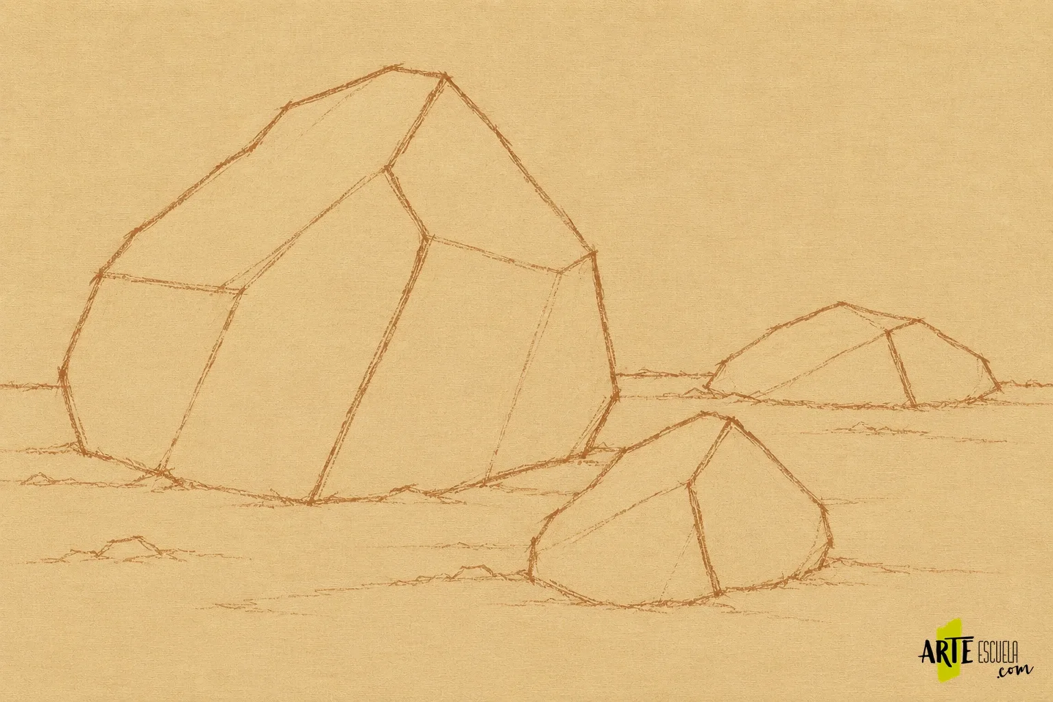 Cómo pintar rocas con acrílico: planos, grietas y luz Encaje lineal de tres rocas angulosas sobre un fondo ocre, con sus principales planos