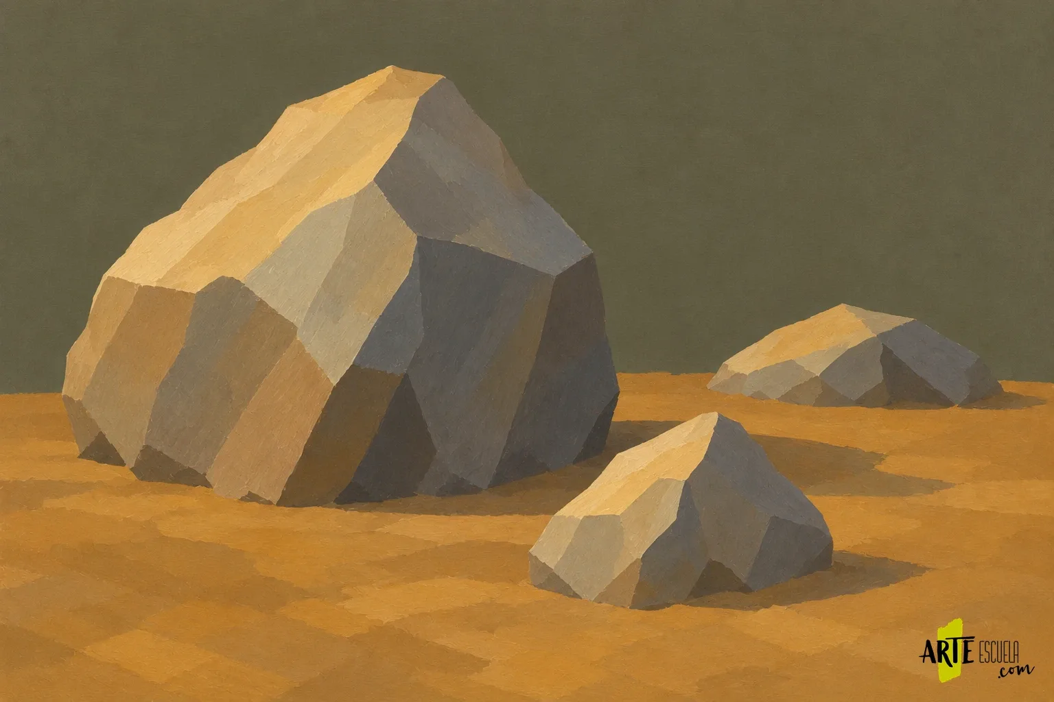 Cómo pintar rocas con acrílico: planos, grietas y luz Tres rocas con planos cálidos iluminados y caras grises en sombra sobre suelo ocre