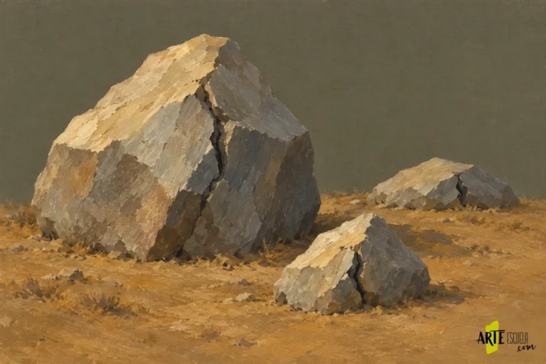 Estudio de rocas con acrílico terminado, con grietas interrumpidas y textura moderada