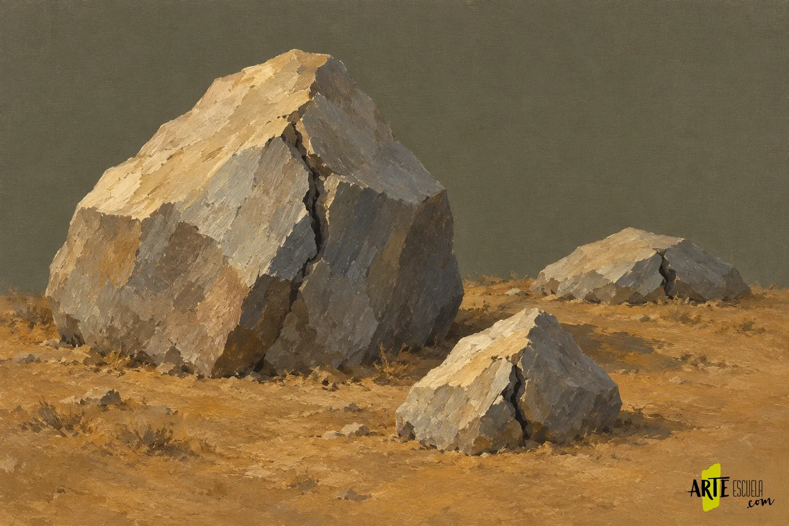 Cómo pintar rocas con acrílico: planos, grietas y luz Estudio de rocas con acrílico terminado, con grietas interrumpidas y textura moderada