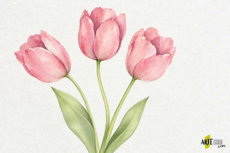 Cómo pintar tulipanes con acuarela: un pétalo delante de otro Tres tulipanes rosas terminados con pétalos superpuestos, tallos curvos y hojas verdes alargadas