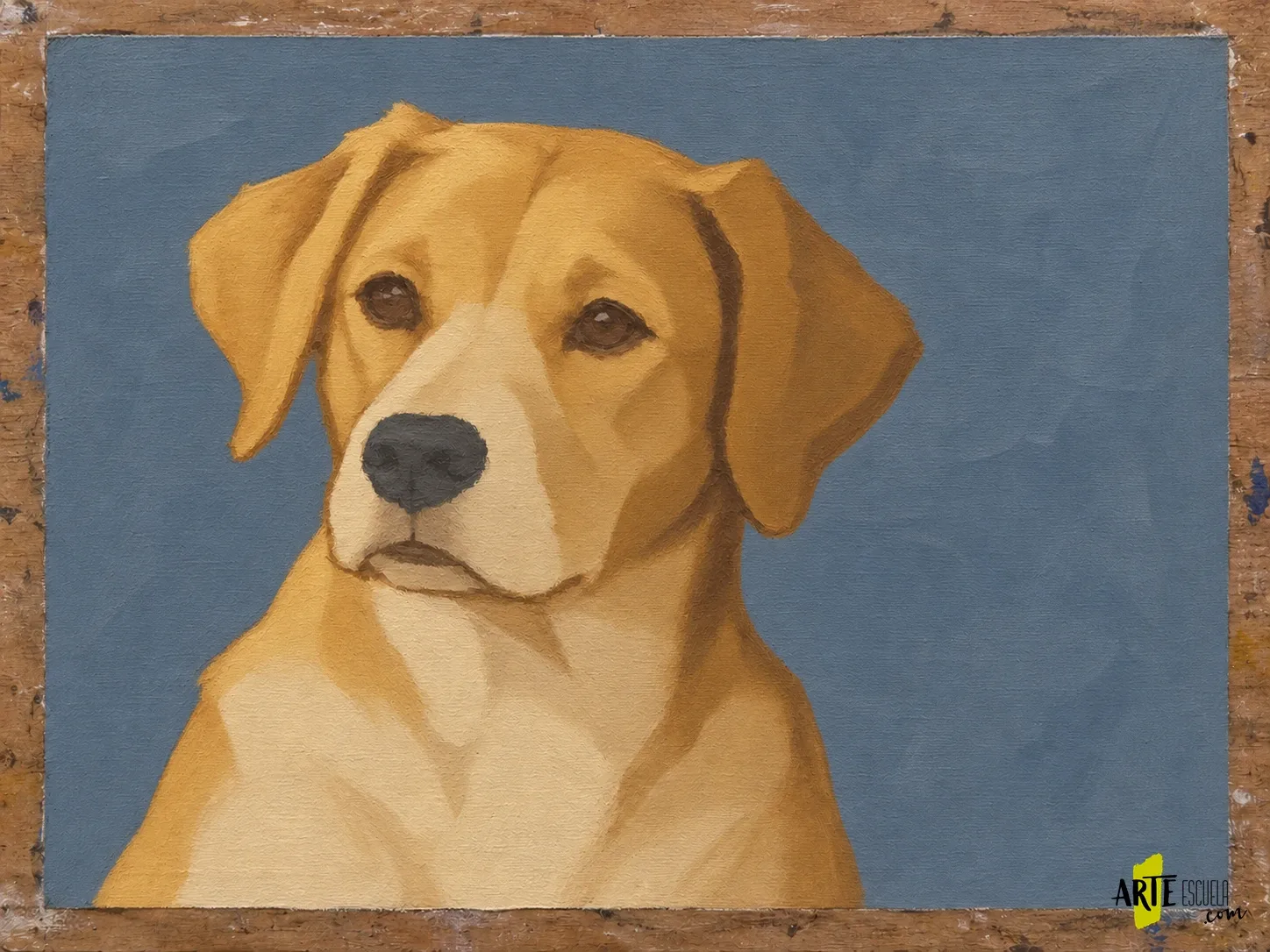 Cómo pintar un perro con acrílico: manchas de pelo y expresión paso a paso Perro dorado pintado con masas amplias de ocre, sombras marrones y hocico crema