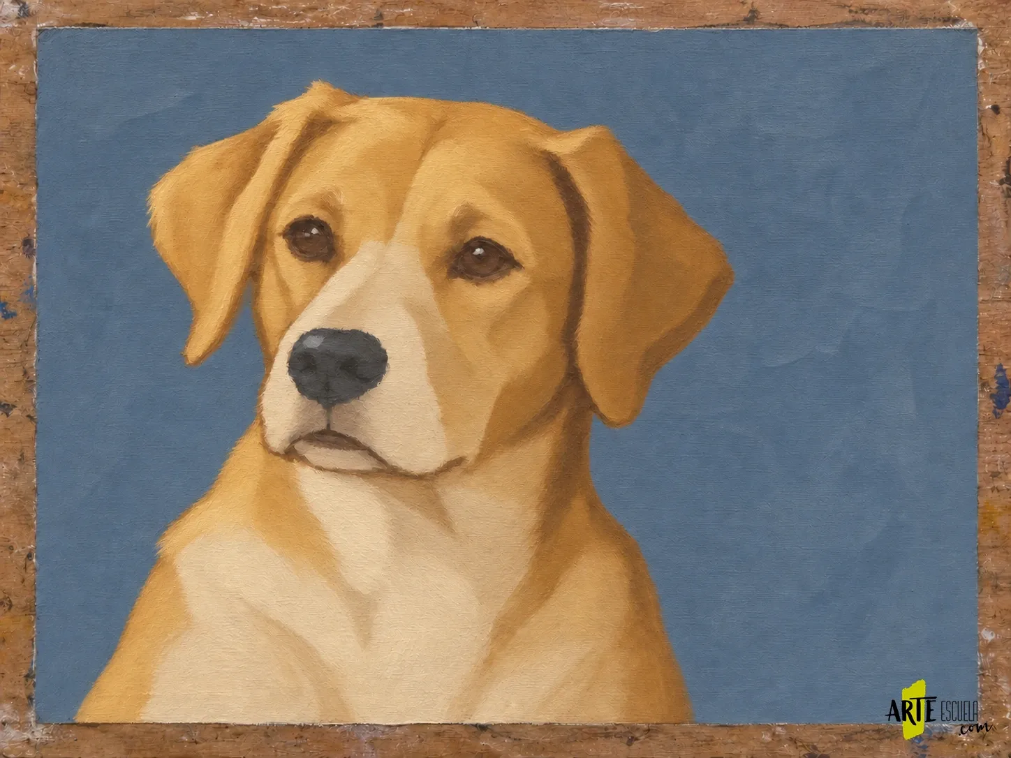 Cómo pintar un perro con acrílico: manchas de pelo y expresión paso a paso Retrato terminado de perro dorado con reflejos pequeños en los ojos y mechones selectivos