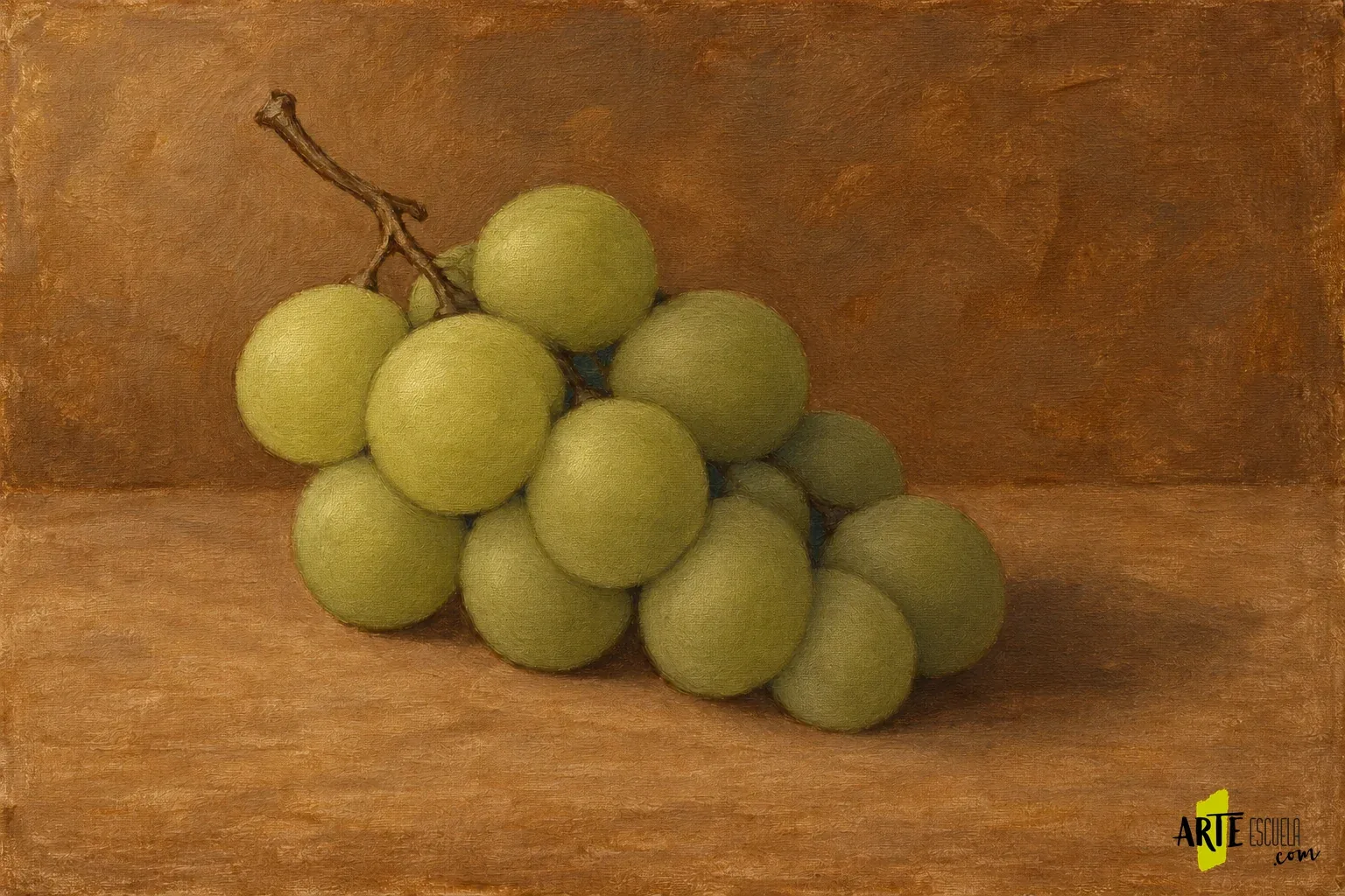 Racimo verde modelado con uvas claras a la izquierda, bayas posteriores oscuras y sombras de contacto