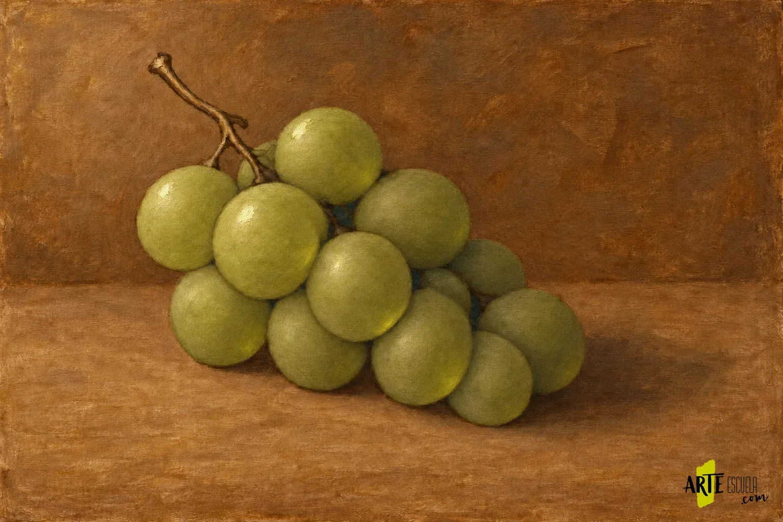 Racimo de uvas verdes terminado con algunos brillos pequeños y zonas cálidas de luz transmitida