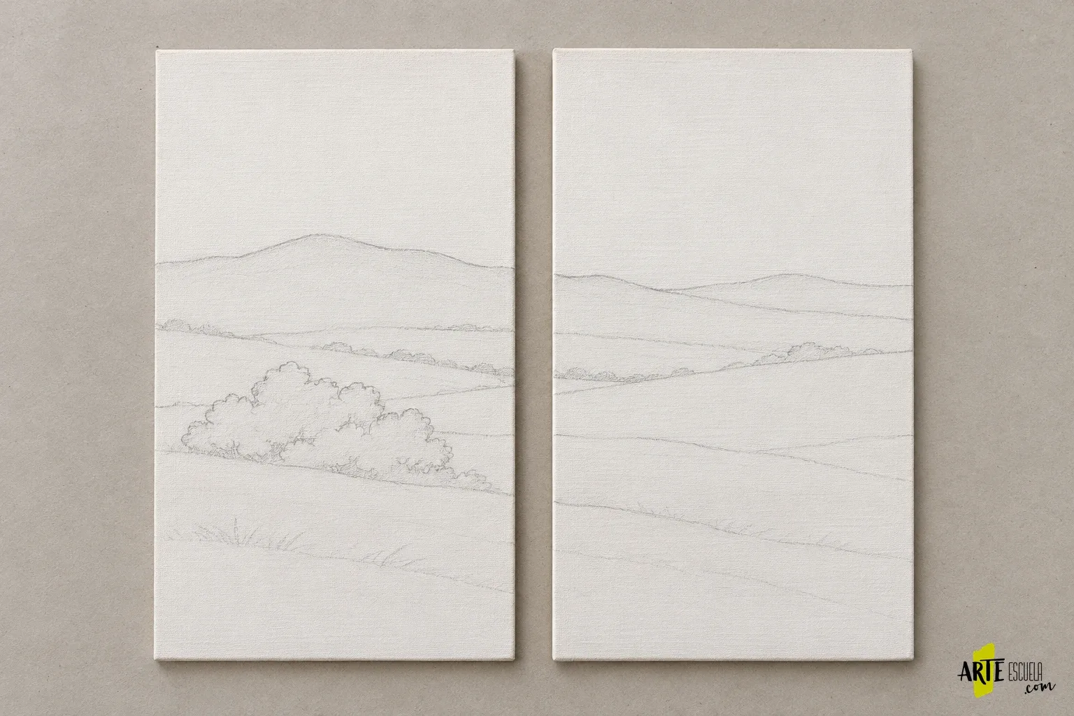 Cómo planificar un díptico pictórico: dos cuadros que funcionen juntos Dos paneles verticales separados con dibujo a lápiz de lomas y vegetación de un mismo paisaje