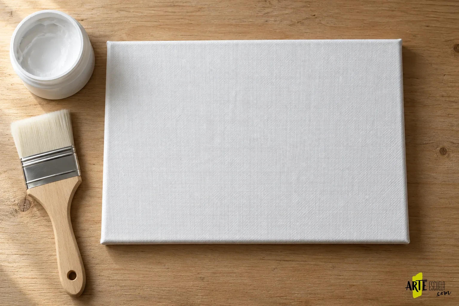 Cómo preparar un lienzo para pintar con acrílico: de la superficie al primer estudio Lienzo blanco imprimado con trama de algodón visible junto a gesso y paletina