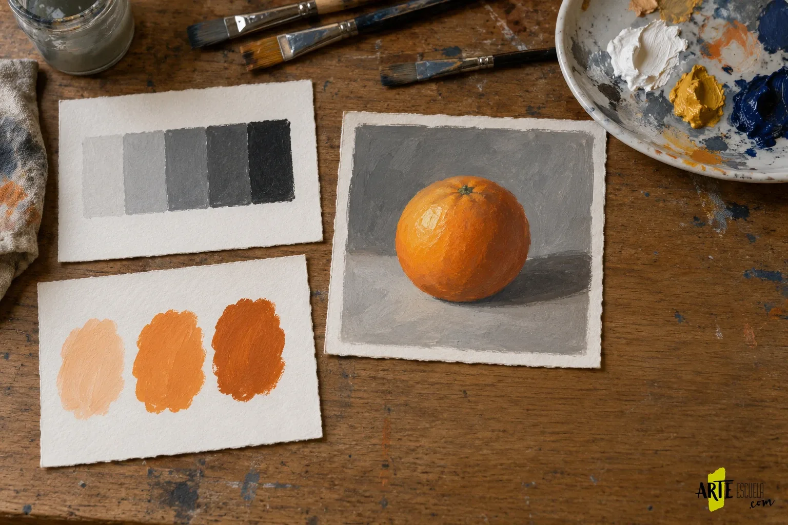 Escala de valores, muestras de naranja y un estudio de fruta para observar fundamentos de pintura