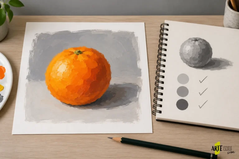 Estudio pintado de una naranja junto a una versión en grises y muestras de tres valores
