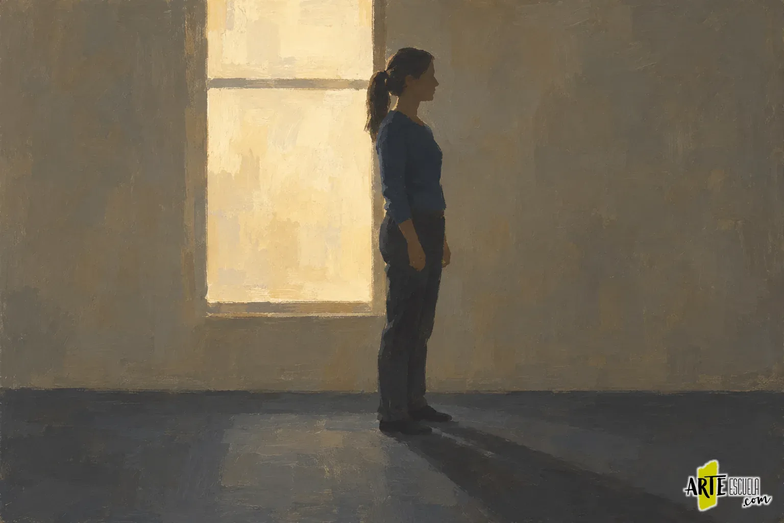 Cómo pintar una escena a contraluz con acrílico sin dejarla plana Figura de perfil oscura delante de una ventana cálida, con pared, suelo y sombra repartidos en masas de acrílico