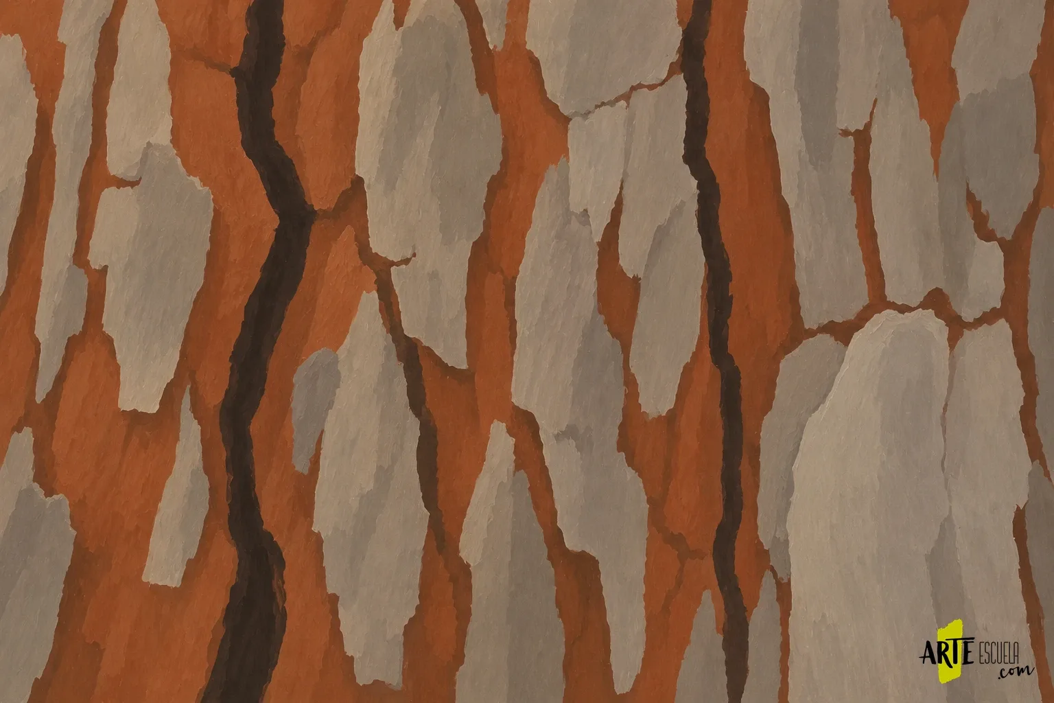 Cómo pintar corteza de árbol en primer plano: grietas y placas con acrílico Mapa inicial de placas de corteza y grandes grietas verticales sobre una base parda