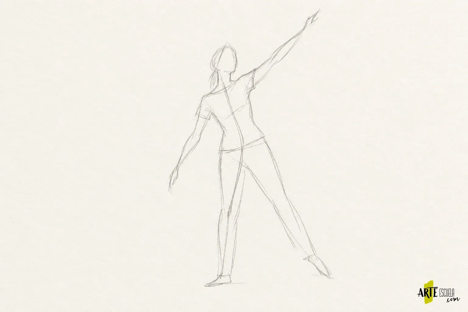 Boceto gestual de una figura que alcanza hacia arriba, con línea de acción y pie de apoyo