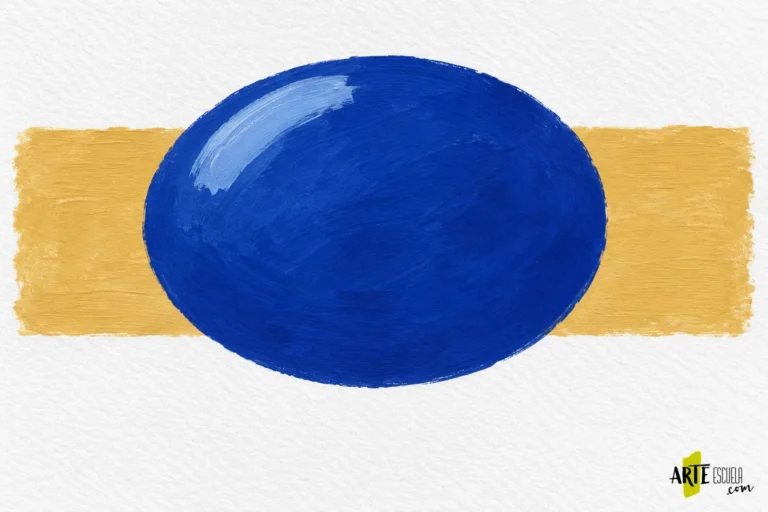 Muestra de gouache azul mate sobre una banda ocre con una pincelada azul clara superpuesta