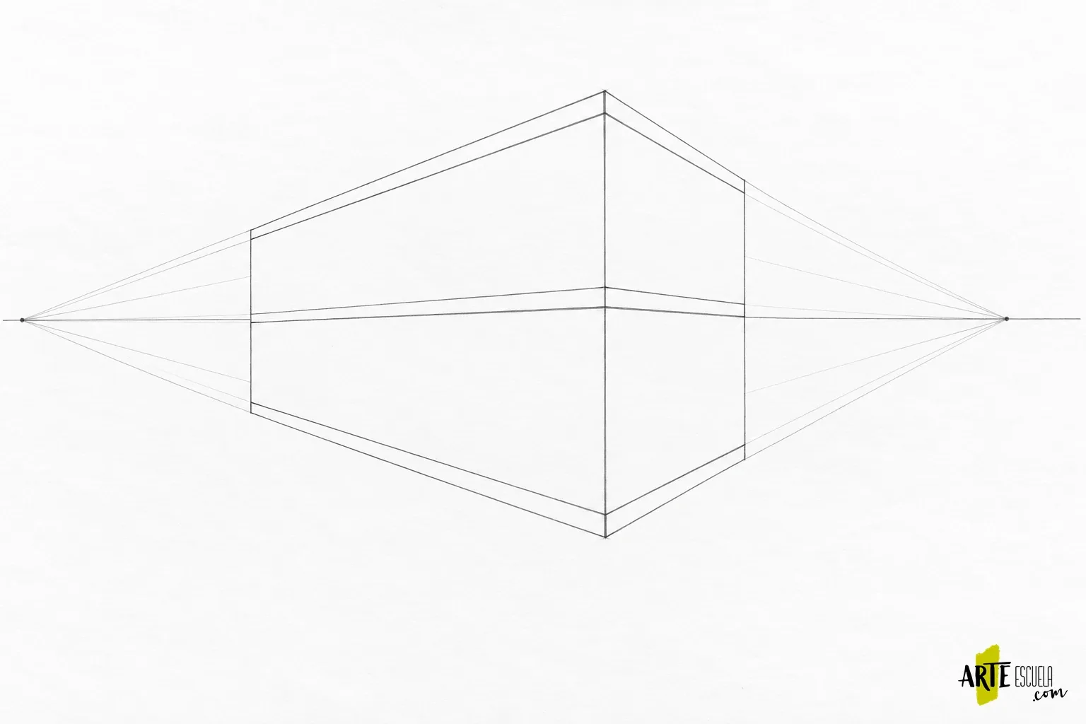 Edificios en perspectiva: dibuja una esquina con ventanas que se repiten Volumen de un edificio de dos plantas con esquina vertical y dos puntos de fuga sobre el horizonte