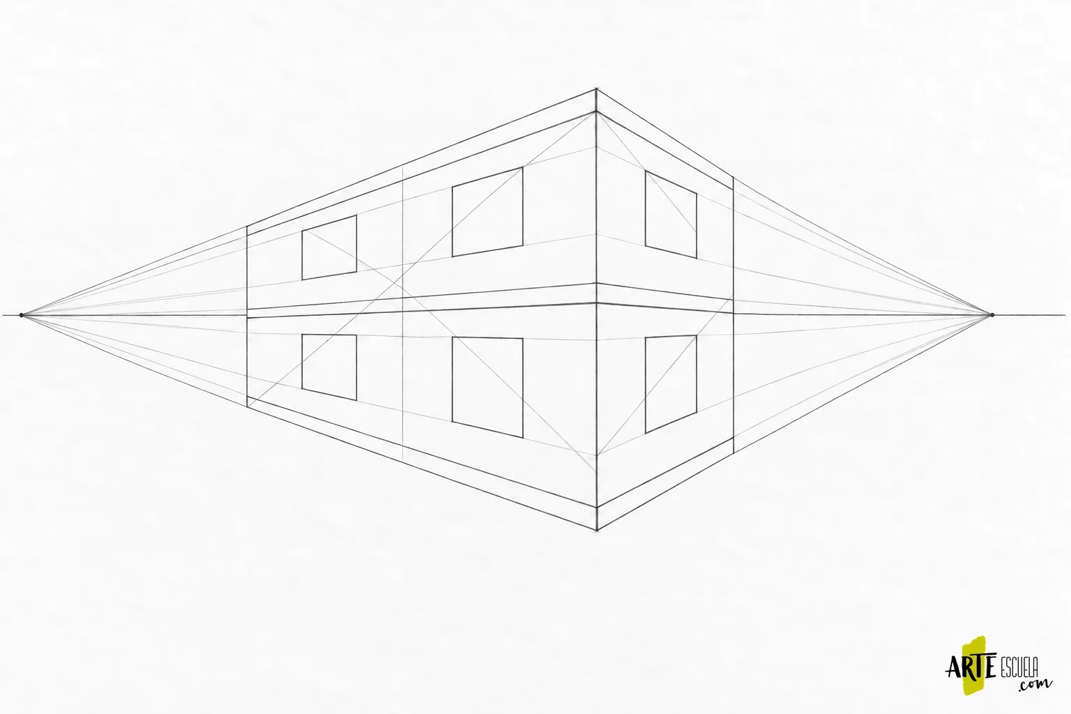 Edificios en perspectiva: dibuja una esquina con ventanas que se repiten Fachadas con seis ventanas, diagonales de construcción y guías de altura en perspectiva