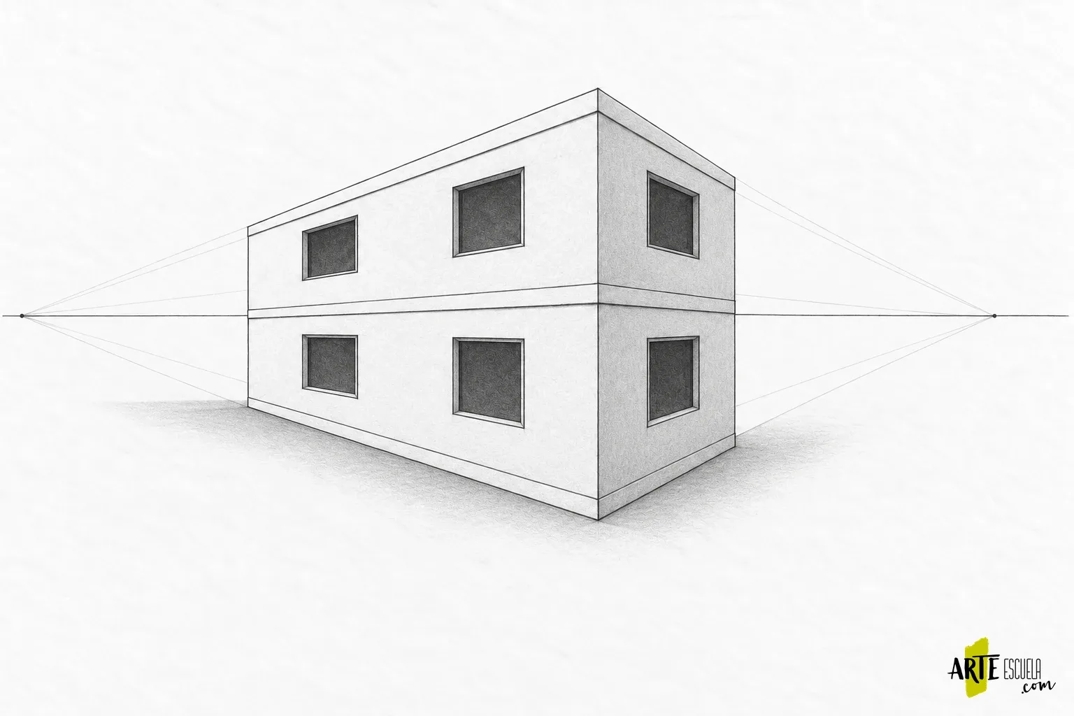Edificios en perspectiva: dibuja una esquina con ventanas que se repiten Edificio a lápiz con ventanas oscuras y una fachada sombreada para mostrar la esquina