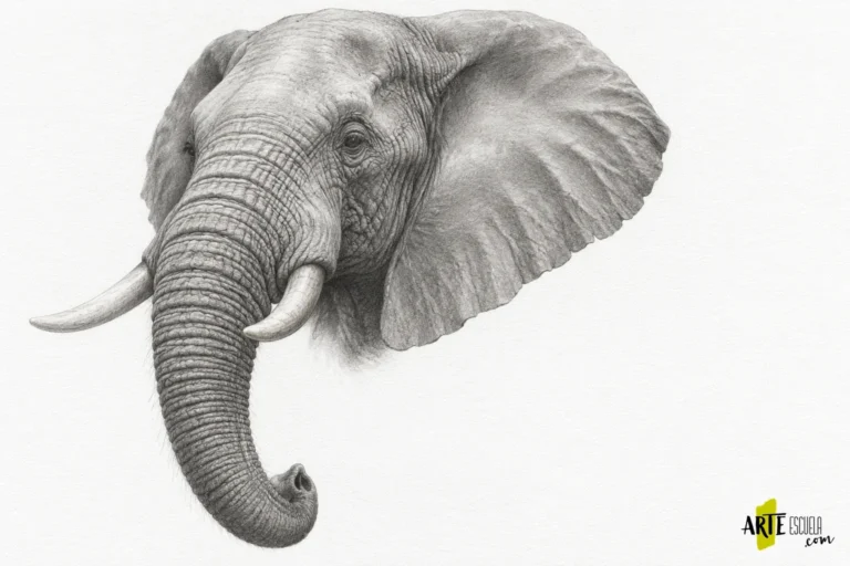 Elefante terminado a lápiz con arrugas curvas en la trompa, pliegues de oreja y ojo definido
