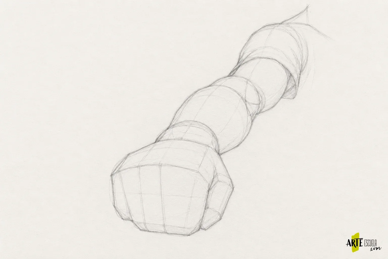 Escorzo en dibujo: representa un brazo que viene hacia ti Encaje de un brazo en escorzo con mano cercana y secciones que se reducen hacia el hombro