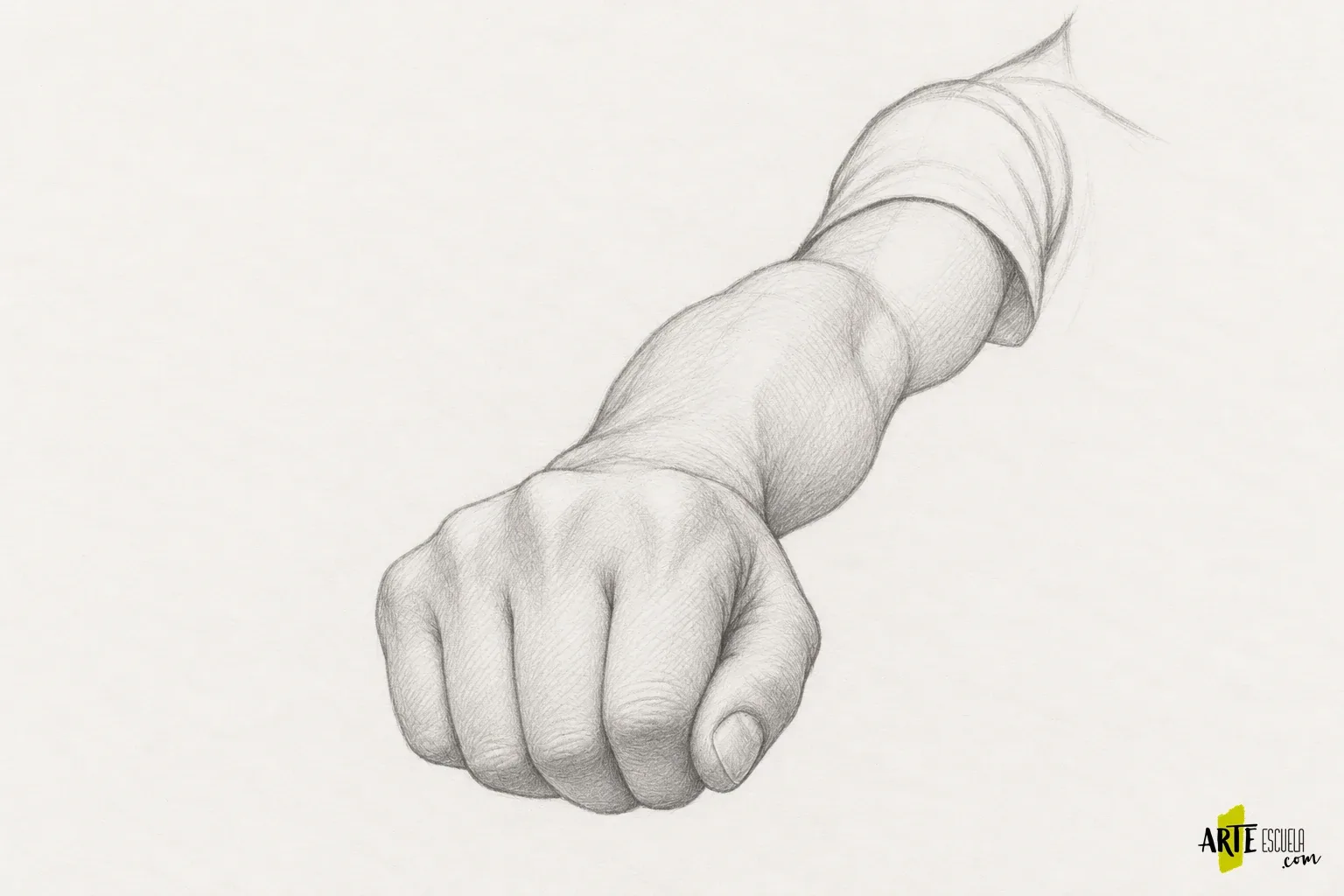 Escorzo en dibujo: representa un brazo que viene hacia ti Brazo en escorzo a lápiz con mano delante de la muñeca y primeros planos de sombra