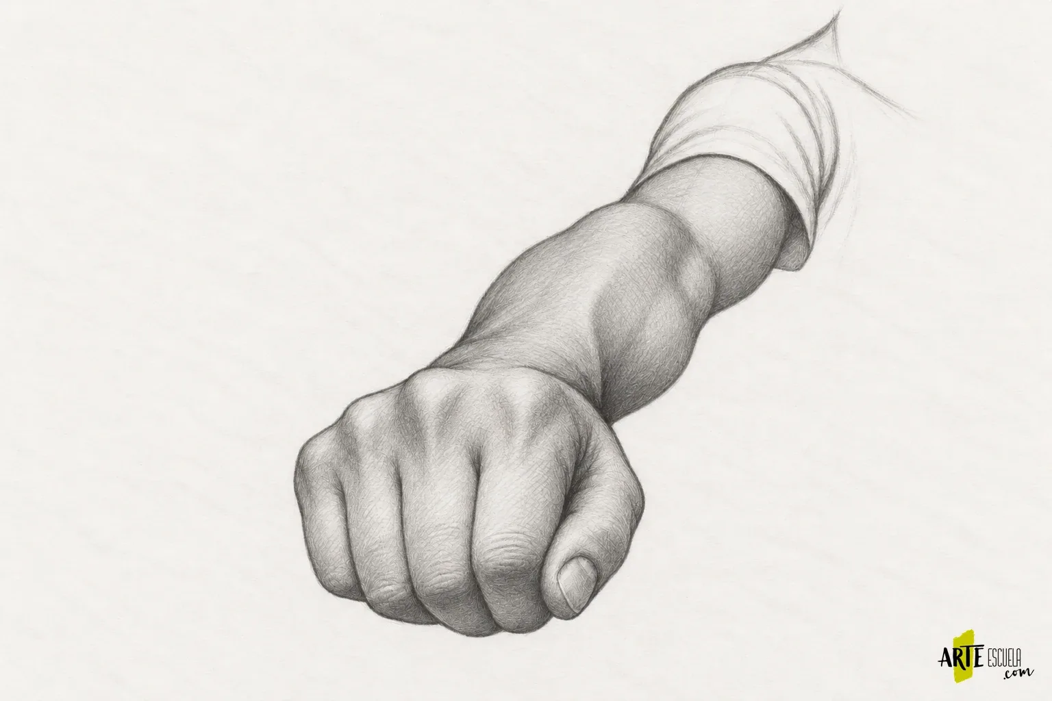 Escorzo en dibujo: representa un brazo que viene hacia ti Brazo terminado a grafito dirigido hacia el observador, con mano cercana y superposiciones claras