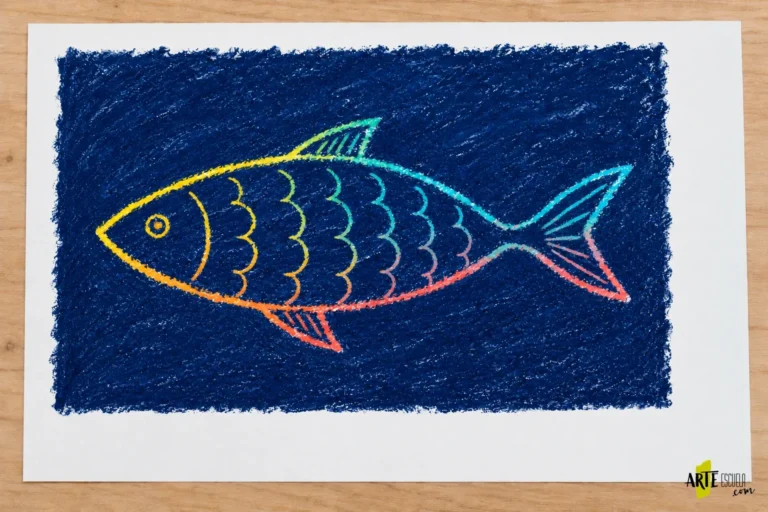 Esgrafiado con pastel al óleo: dibuja un pez entre capas de color Pez esgrafiado con filas curvas de escamas y líneas abiertas en las aletas sobre fondo azul oscuro