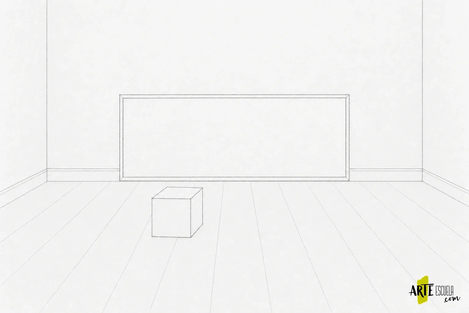 Cómo dibujar un espejo en una habitación y construir su reflejo Encaje de una habitación con espejo bajo y un cubo delante, aún sin reflejo