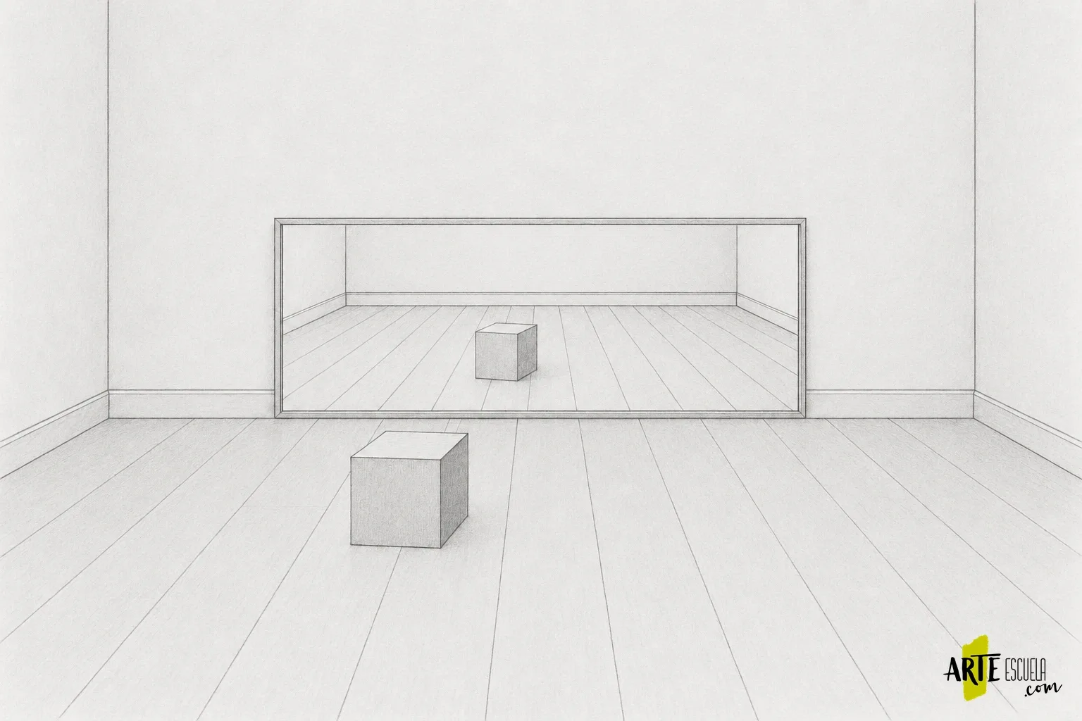 Cómo dibujar un espejo en una habitación y construir su reflejo Construcción del cubo reflejado y del suelo virtual dentro del espejo