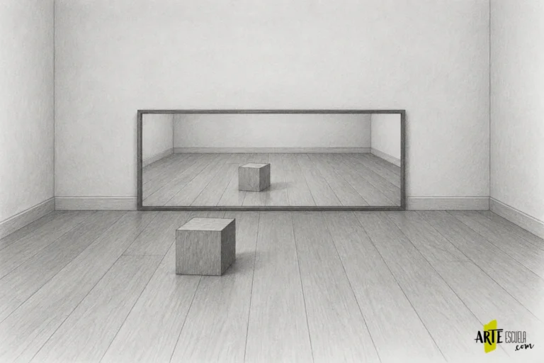 Habitación a grafito con cubo real y su imagen virtual dentro de un espejo plano