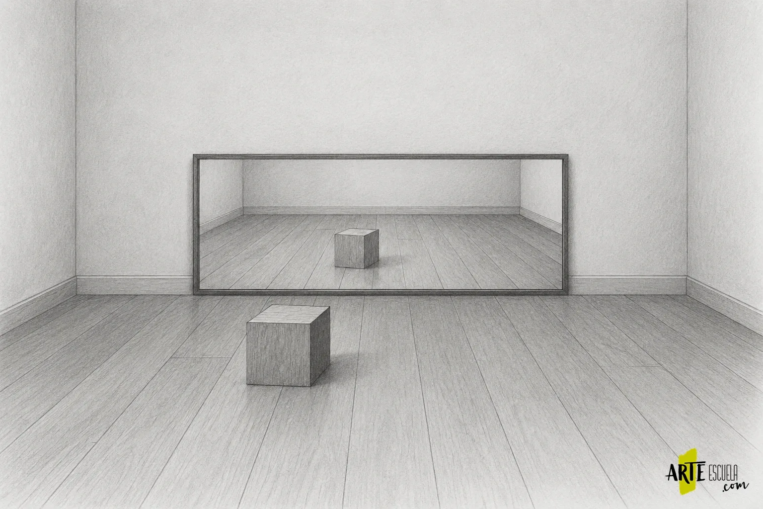 Cómo dibujar un espejo en una habitación y construir su reflejo Habitación a grafito con cubo real y su imagen virtual dentro de un espejo plano