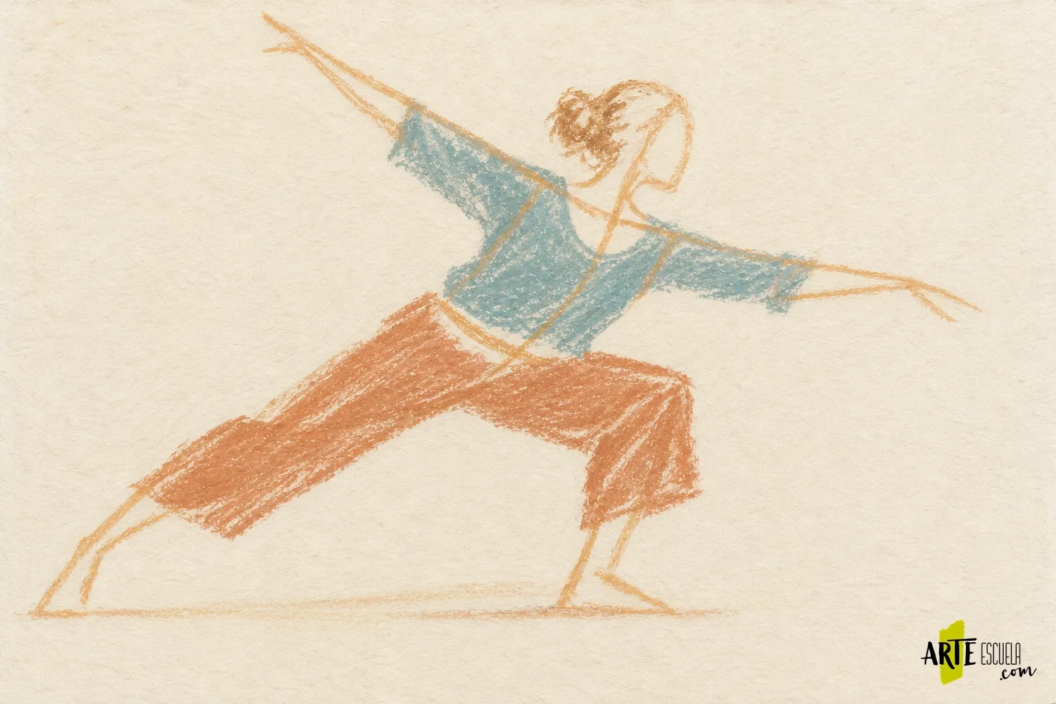 Cómo pintar una figura en movimiento con pastel al óleo Encaje ligero de una figura en zancada con masas de azul verdoso y tierra rojiza
