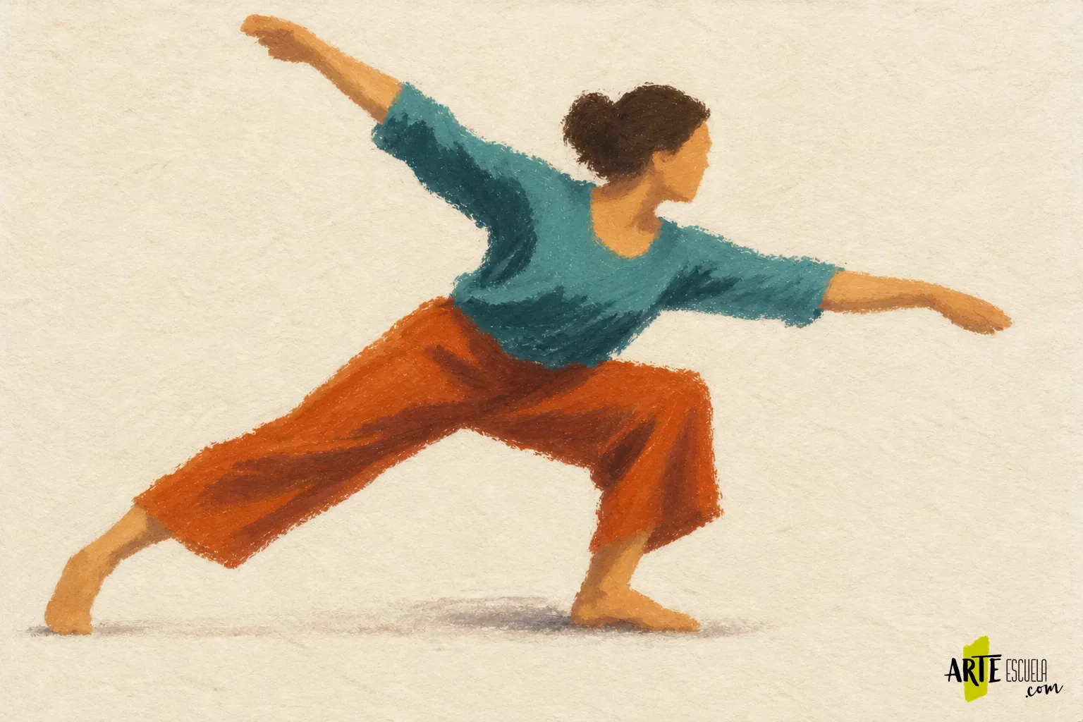 Cómo pintar una figura en movimiento con pastel al óleo Figura al pastel al óleo con grandes sombras en camiseta y pantalón y apoyos definidos