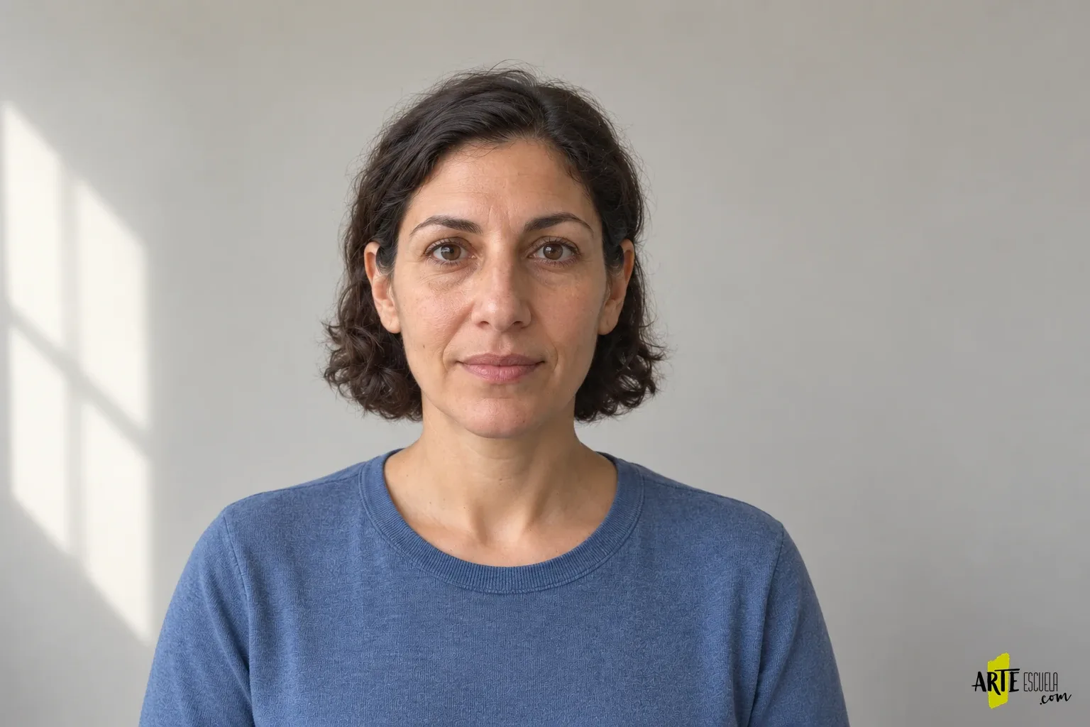 Por qué una foto de móvil deforma tu retrato y cómo elegir otra referencia La misma mujer vista frontalmente desde más distancia, con proporciones faciales menos acentuadas por la proximidad