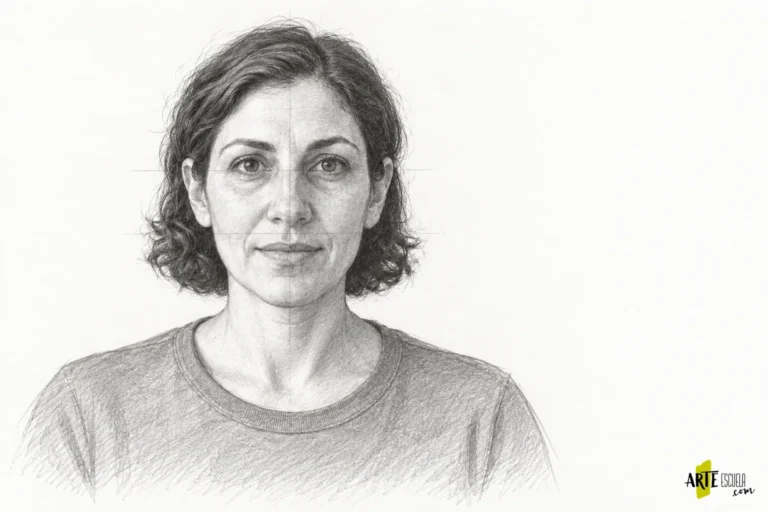Encaje a lápiz del retrato frontal con eje central, guías de rasgos y sombras simplificadas