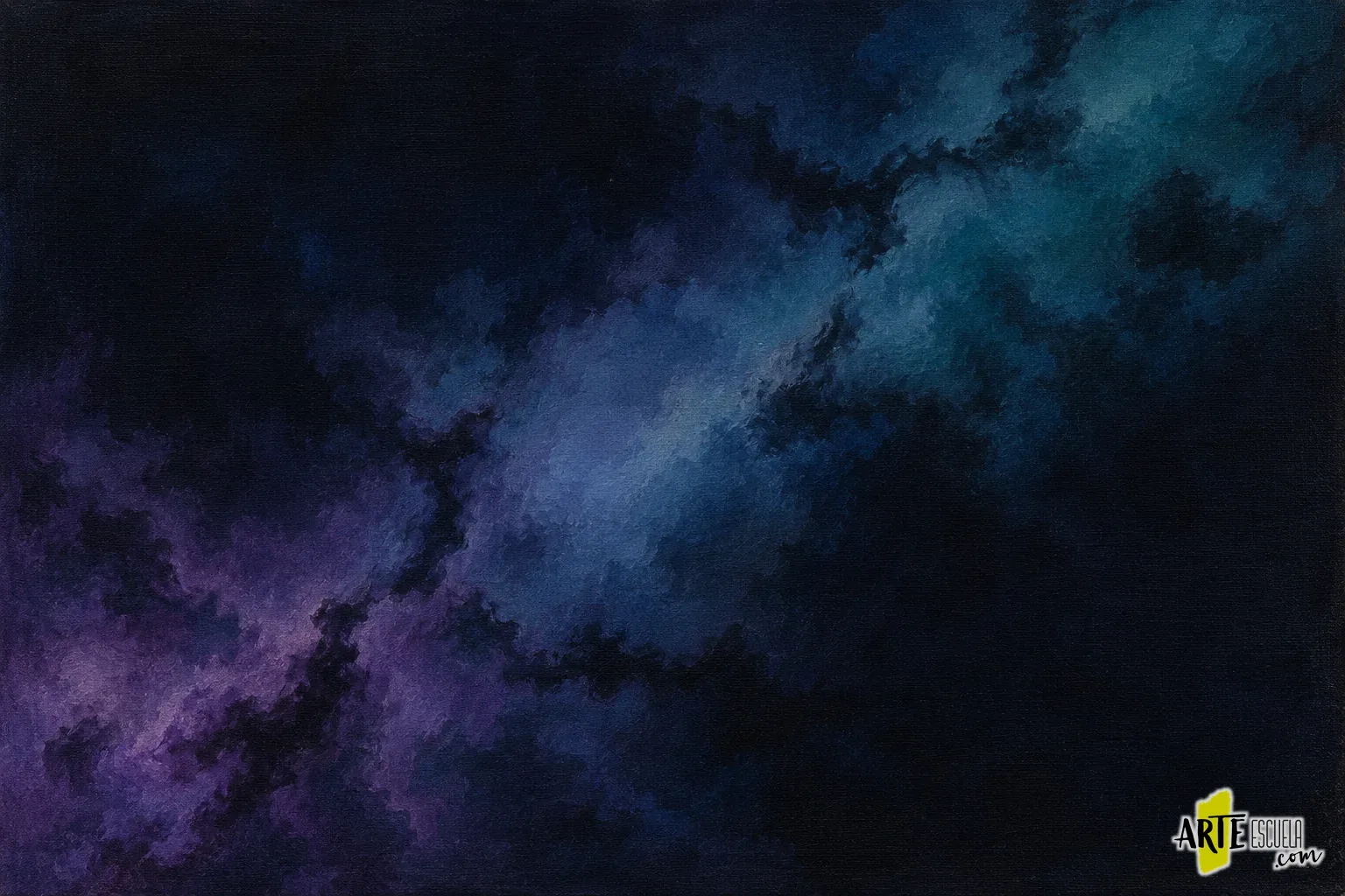 Primeras masas violetas y azul verdosas de una galaxia acrílica con grandes huecos oscuros