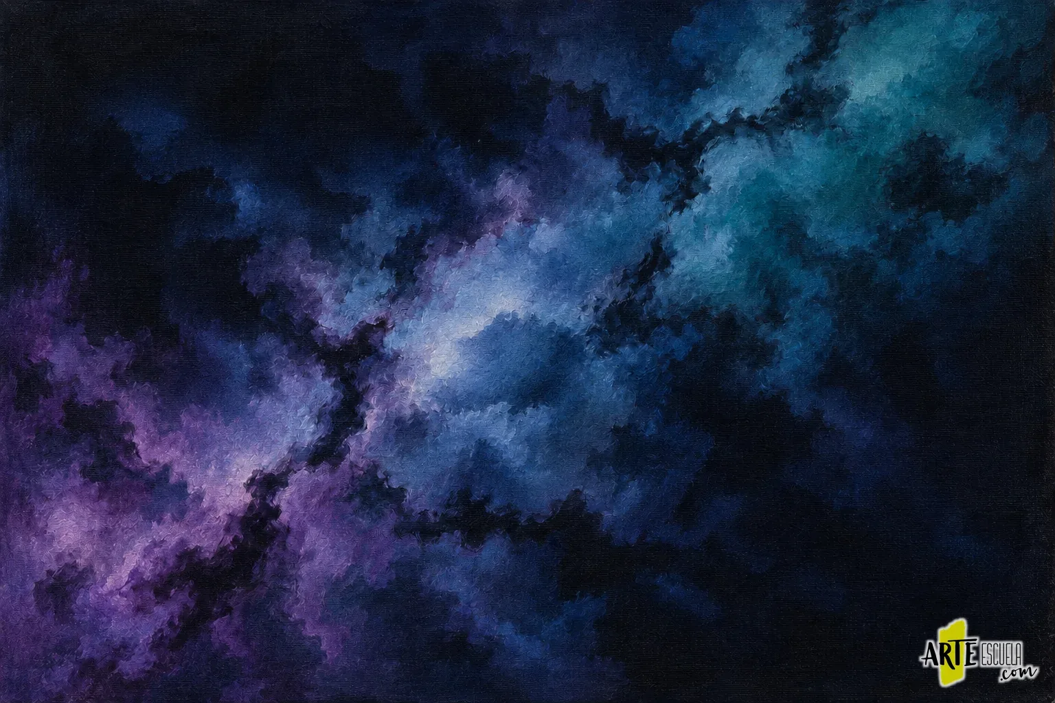 Galaxia acrílica con capas de nubes más claras y ramificaciones oscuras recuperadas