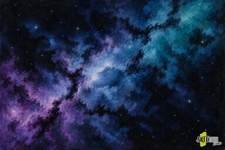 Galaxia pintada con acrílico con estrellas pequeñas, nubes violetas y azules y zonas oscuras conservadas