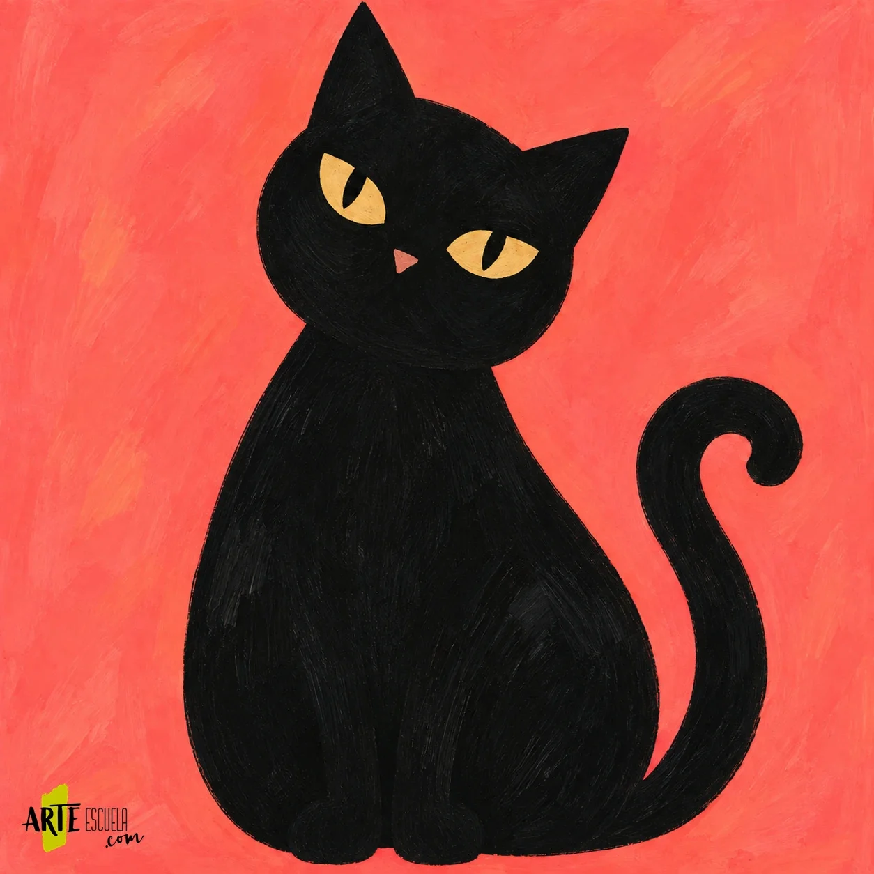 Gato negro con ojos amarillos, pupilas estrechas y nariz rosa, antes de pintar los bigotes.