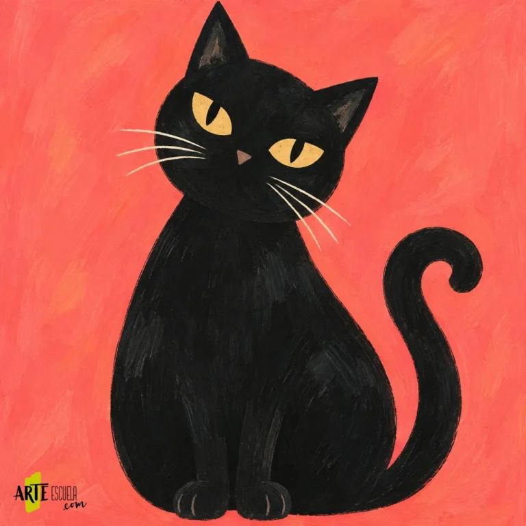 Cómo pintar un gato negro con acrílico en 4 pasos Gato negro pintado con acrílico sobre fondo coral, con ojos amarillos, cabeza inclinada y bigotes marfil.