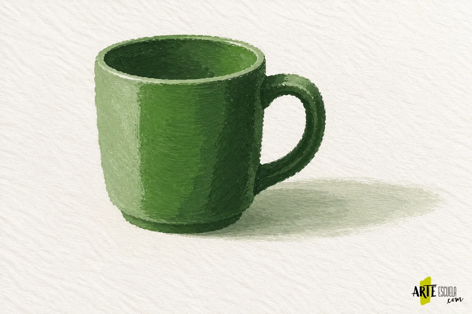 El gouache cambia de tono al secar: prepara una carta para ajustar tus mezclas Estudio de una taza verde en gouache con luz, medio tono y sombra diferenciados tras el secado