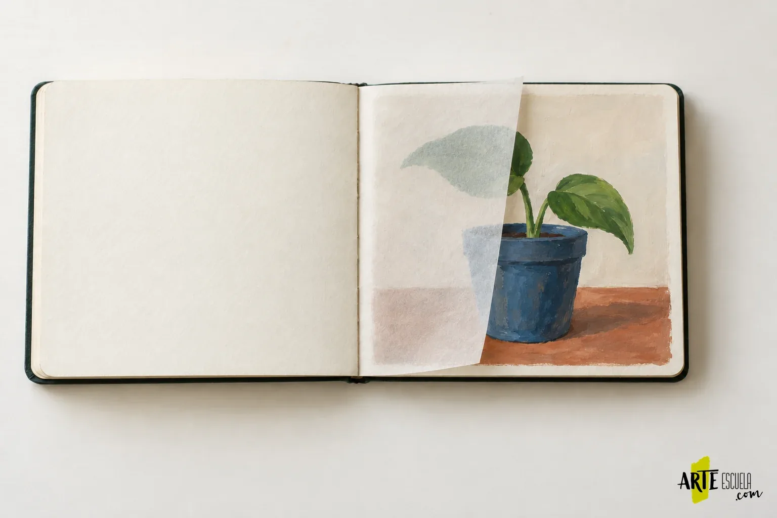 Cómo evitar que las páginas pintadas con gouache se peguen en el cuaderno El mismo cuaderno con una hoja ligera de protección colocada sobre parte del estudio de gouache, sin adhesivos sobre la pintura