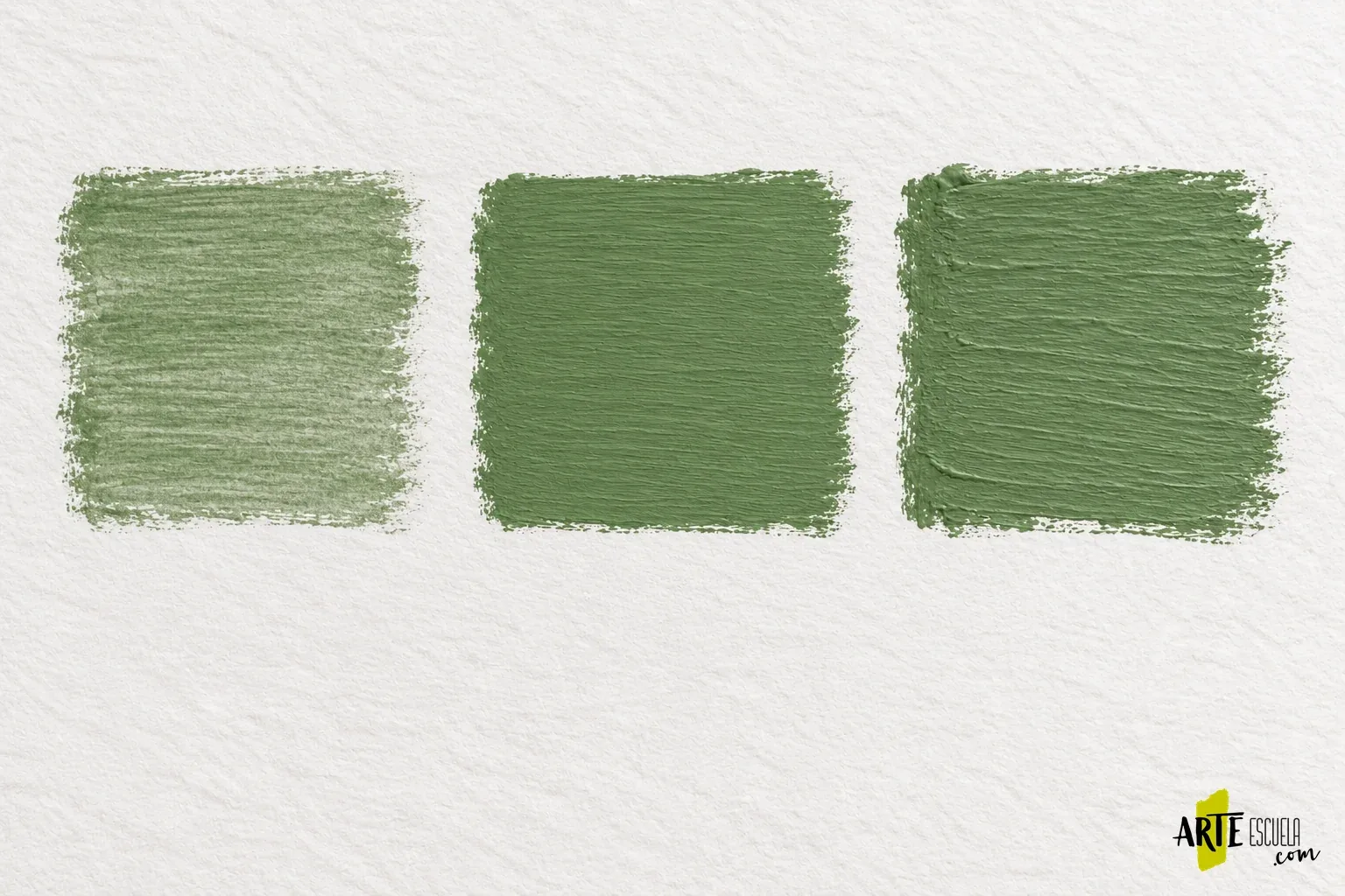 Por qué se agrieta el gouache al secar: espesor, soporte y formulación Tres aplicaciones de gouache verde con distinta carga, desde una capa fina hasta otra más cubriente
