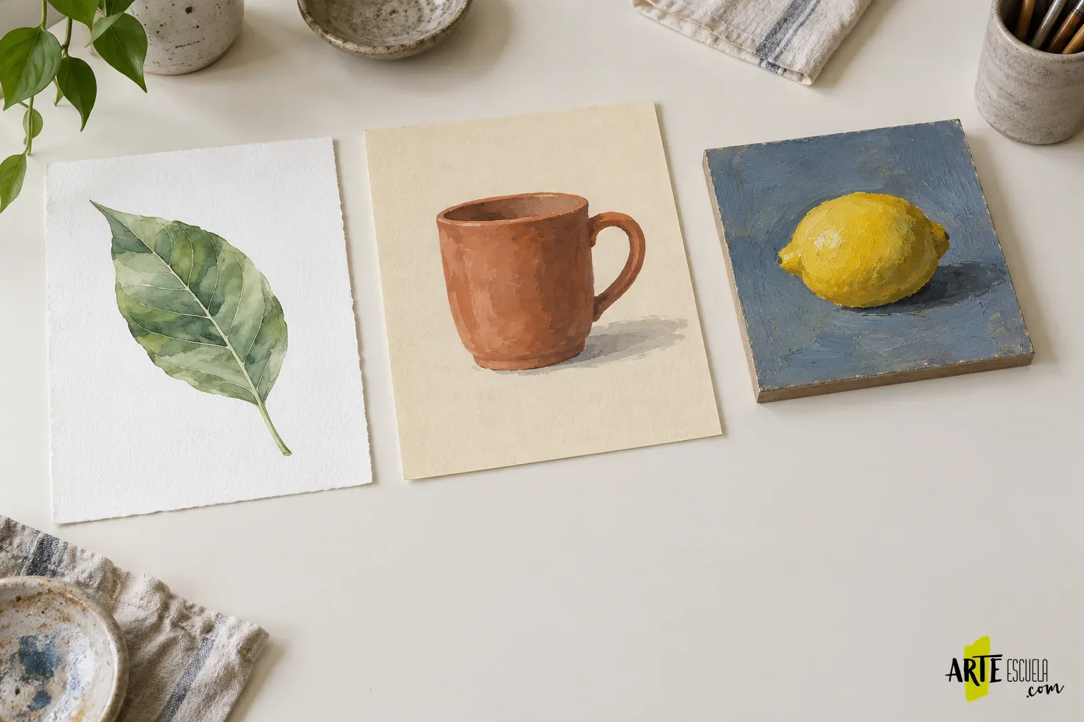 Cómo guardar tus estudios de pintura sin que se rocen ni pierdas lo aprendido Tres estudios separados sobre una mesa: acuarela de una hoja, gouache de una taza y pequeño panel pintado