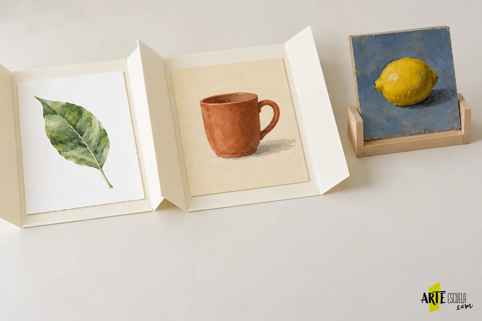 Cómo guardar tus estudios de pintura sin que se rocen ni pierdas lo aprendido Estudios sobre papel en carpetas abiertas individuales y panel apoyado por separado con espacio libre delante de la pintura