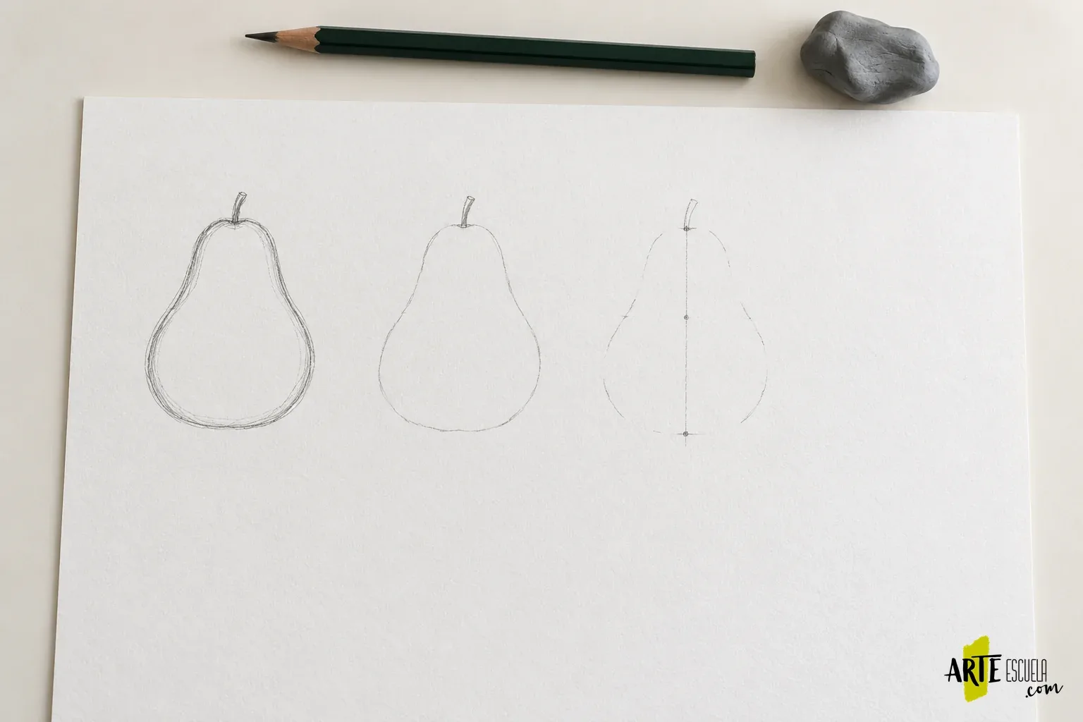 El dibujo a lápiz se ve demasiado bajo la acuarela: cómo preparar el encaje Tres encajes de pera a lápiz, con contorno oscuro, línea ligera y marcas parciales de construcción