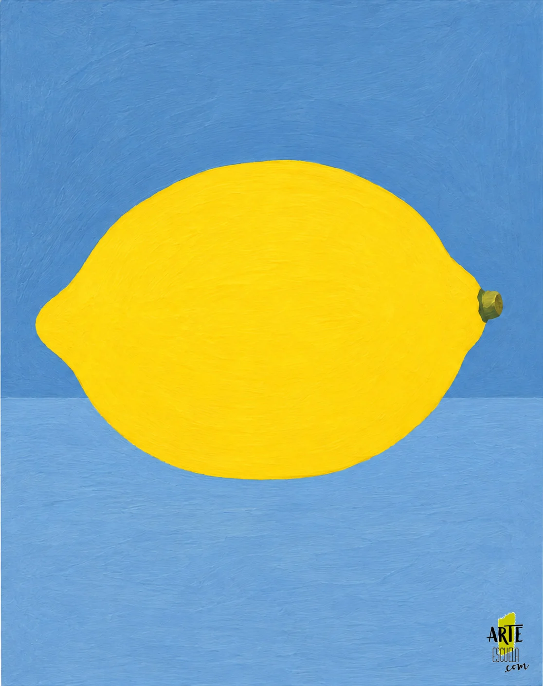 Cómo pintar un limón con acrílicos y darle volumen Base del ejercicio con un limón amarillo tumbado, todavía plano, sobre un fondo azul y una superficie de apoyo azul más clara