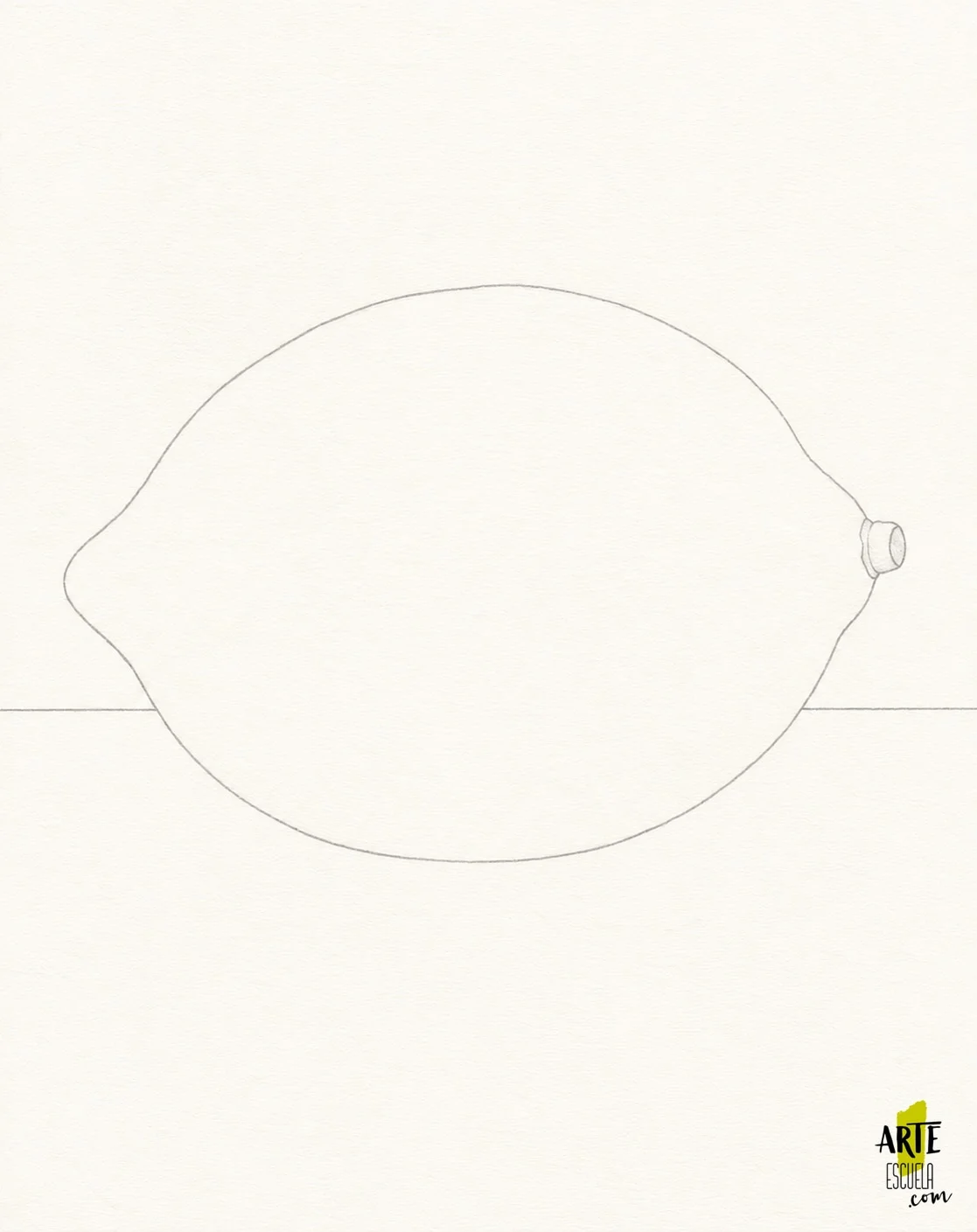 Cómo pintar un limón con acrílicos y darle volumen Boceto a lápiz del limón tumbado y su pequeño rabito sobre el soporte blanco, con la línea que separa el fondo y la mesa, sin sombreado ni pintura.