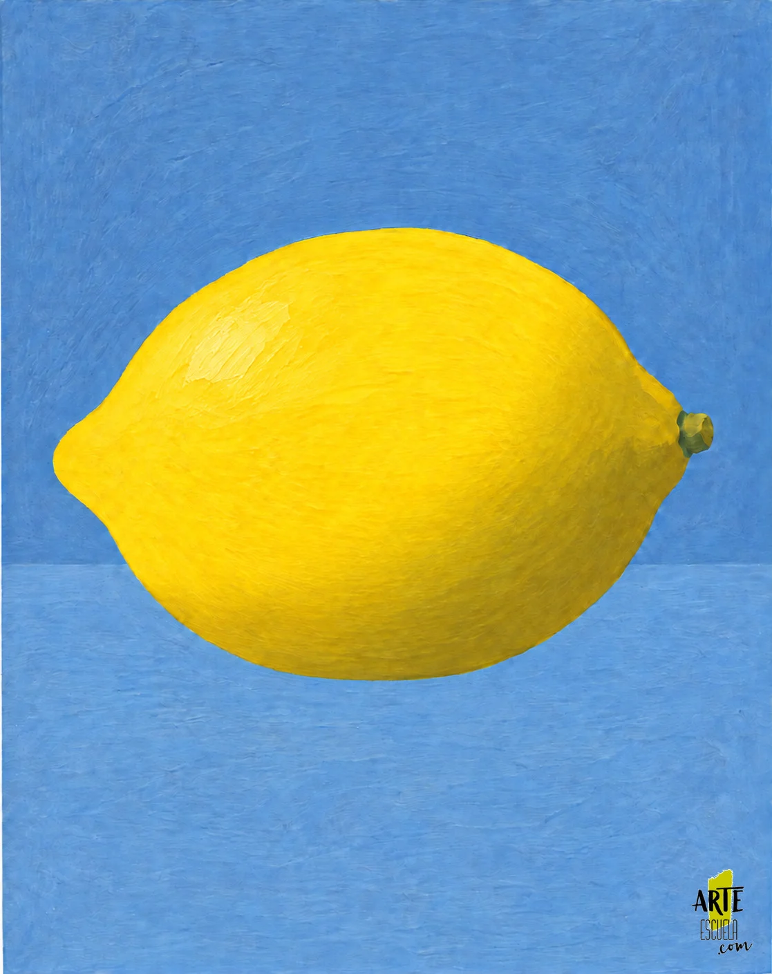 Cómo pintar un limón con acrílicos y darle volumen El mismo limón con una pequeña zona de luz amarillo claro arriba a la izquierda y la sombra conservada en el lado inferior derecho