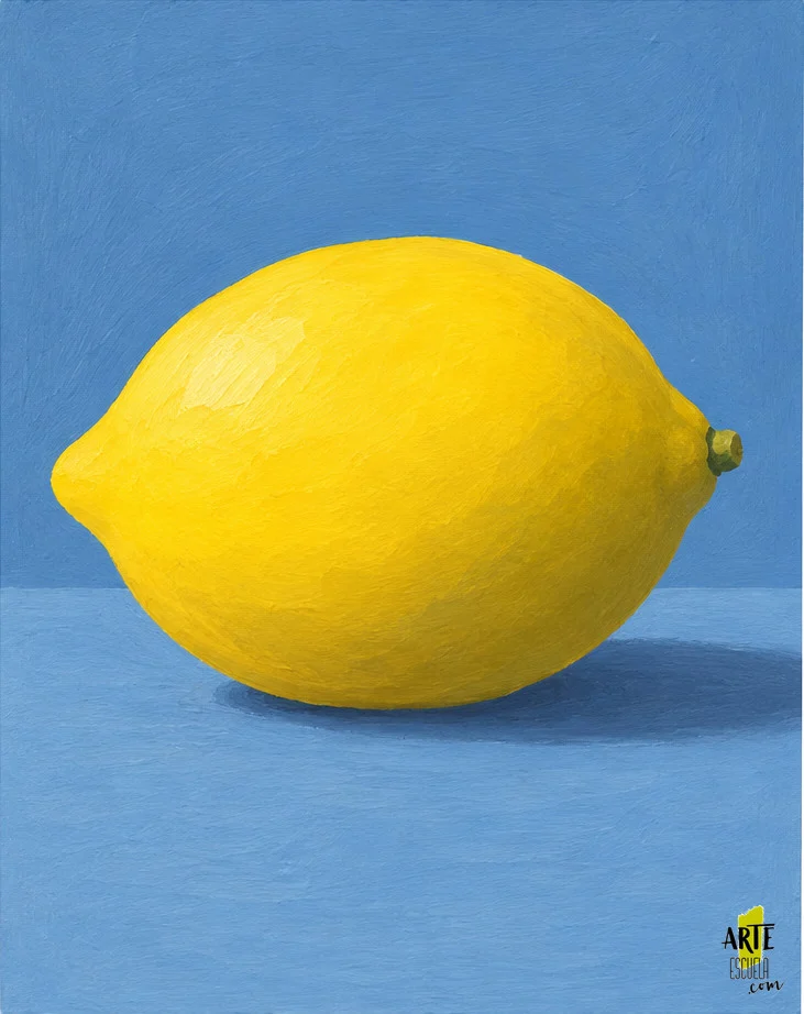 Limón con luz en la parte superior izquierda, sombra en su lado derecho y una sombra de apoyo sobre la mesa azul.