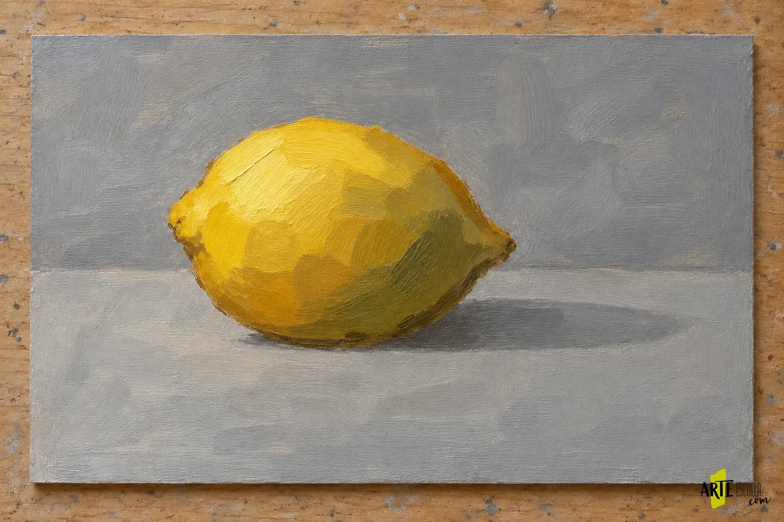 Cómo pintar un limón con óleo alla prima: decisiones antes de que seque El mismo limón con tres masas amarillas y oliva, fondo neutro y sombra todavía simplificados